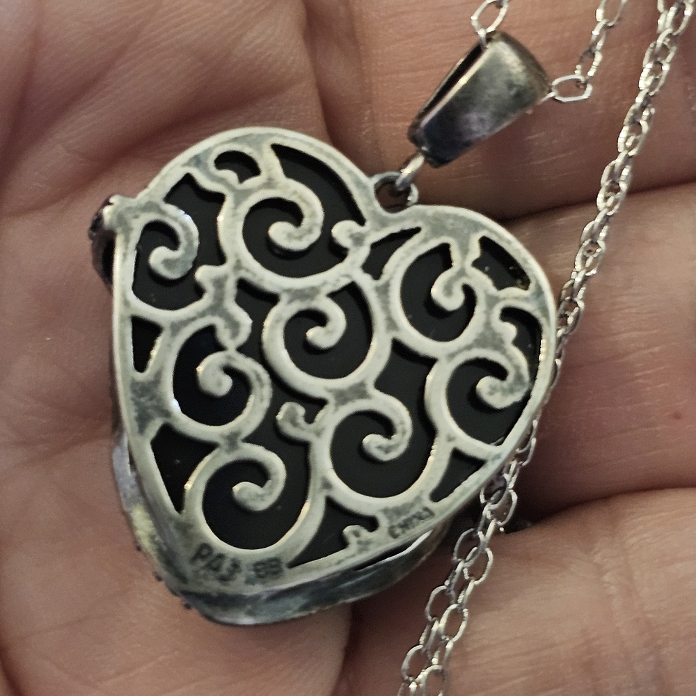 Black Heart Onyx Marcasite Pendant Necklace Filigree - Picture 4 of 9